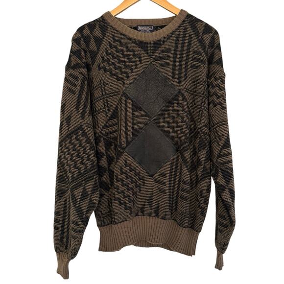 Mens Barnaby Acrylic Leather Grandpa Vintage Sweater Brown Black Large - Picture 2 of 9
